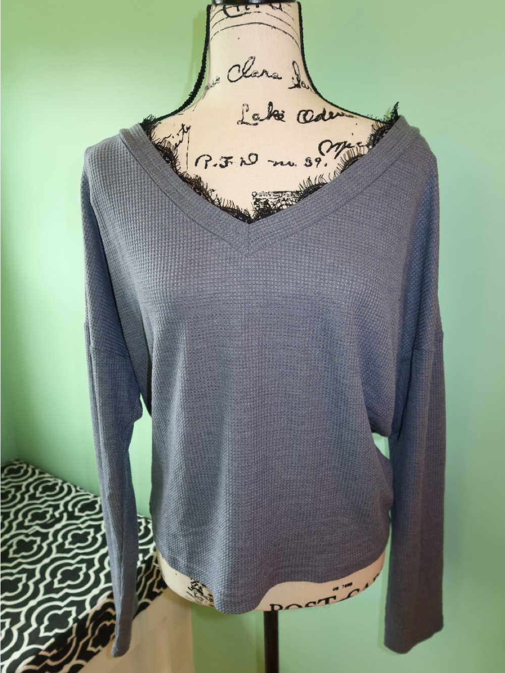 SHEIN Slate Blue V-Neck Long Sleeve Waffle Knit Top
